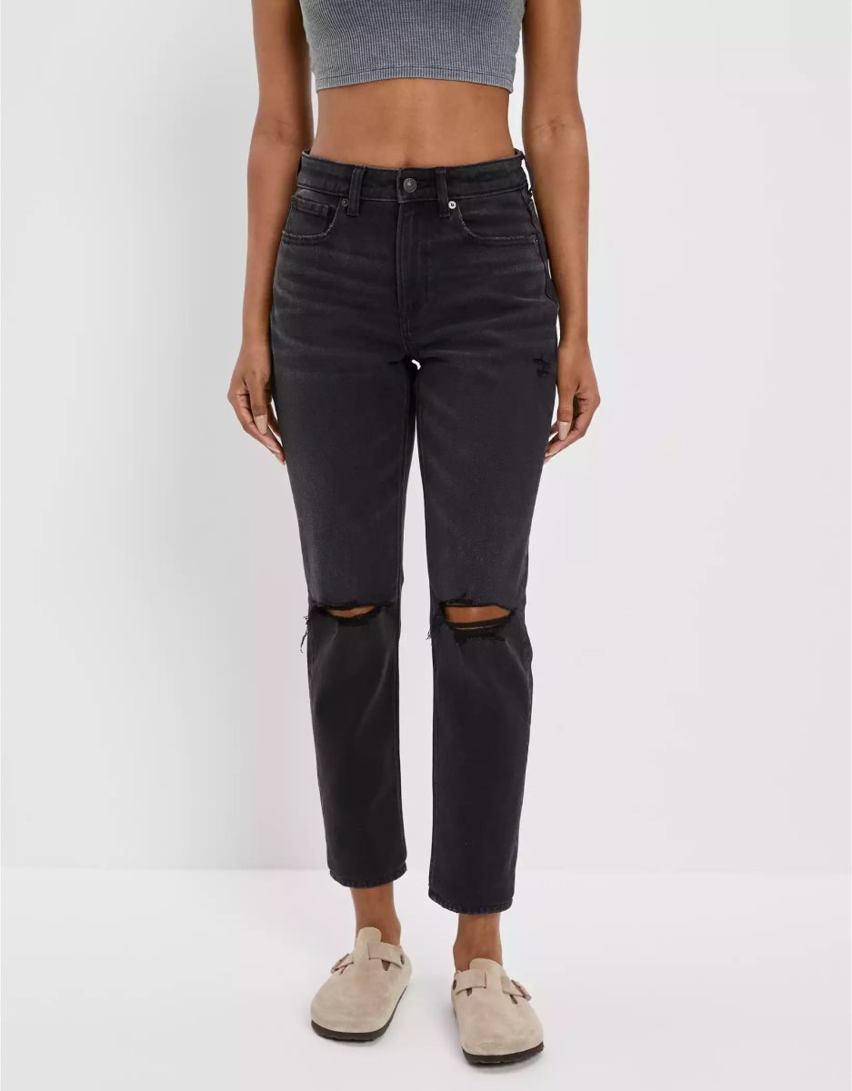 Jean American Eagle AE Stretch Ripped Mom Noir Femme | DPQ-84230741